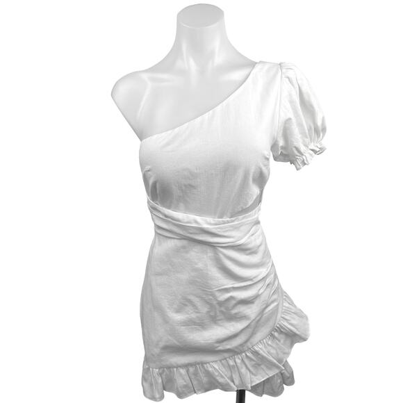 NEW Seven Wonders Emiline White One Shoulder Puff Sleeve Ruffle Mini Dress Sz 4 - Picture 1 of 6